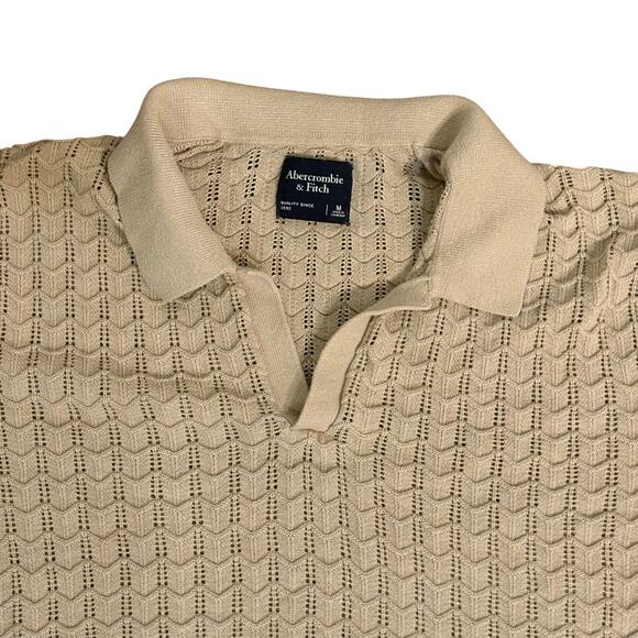 Abercrombie & Fitch Sweater Polo Wide Collar Geometric Retro Crochet Knit Tan - Picture 2 of 4